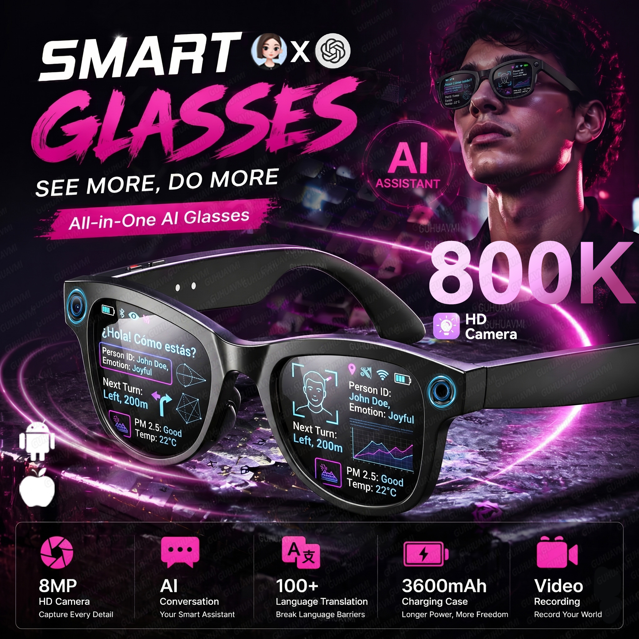 Smart Glasses Ar - 2026New 3600mAh Charging Case AI Smart